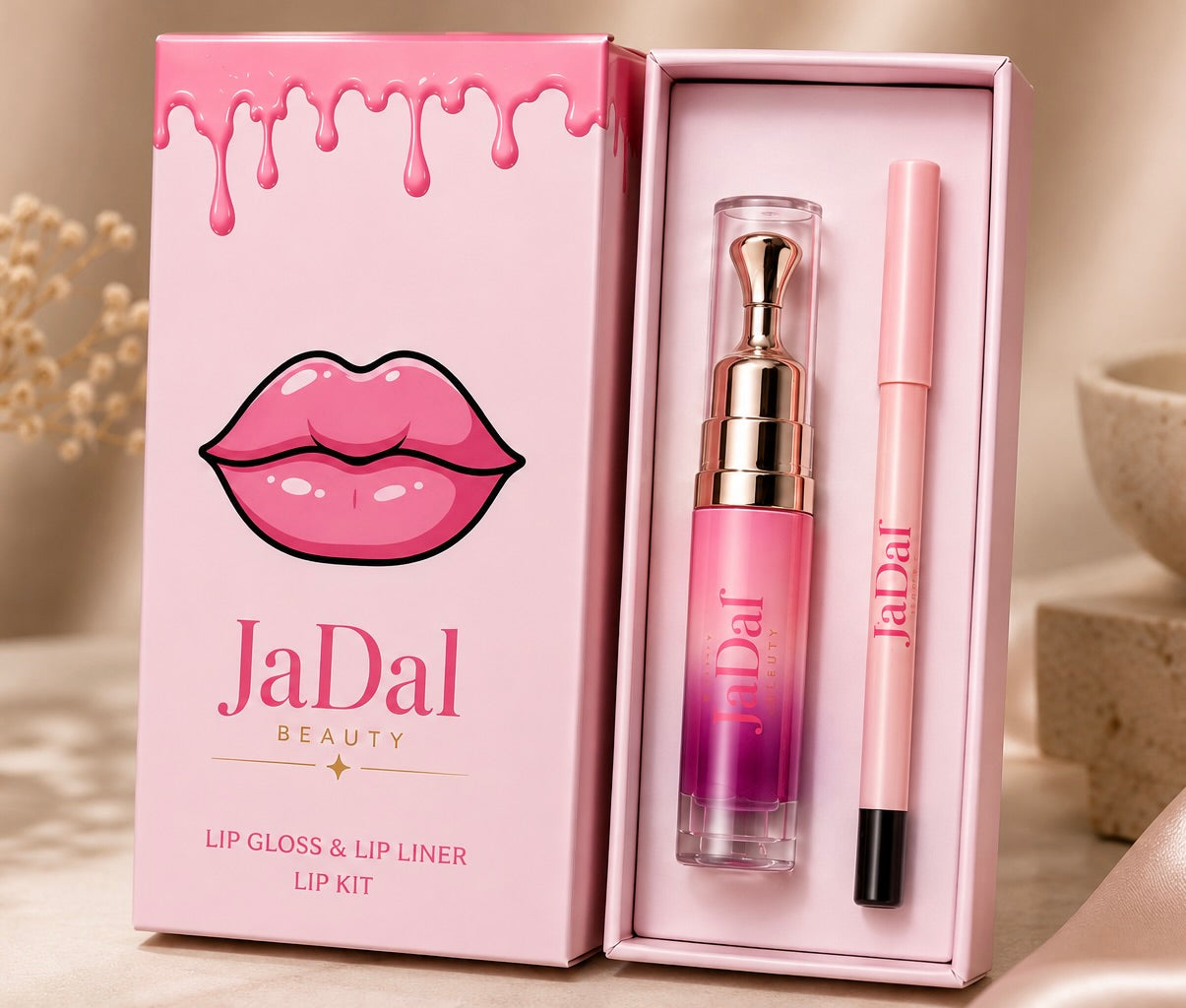 Lip liner and lip gloss combo for enhanced shine and a juicy effect.